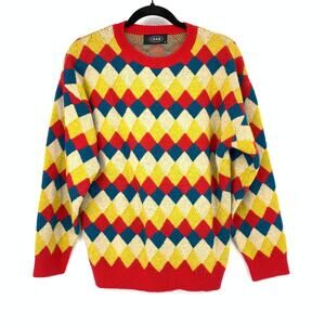 Cider Pullover Crew Neck Diamond Print Sweater Womens Size M Red Blue Yellow
